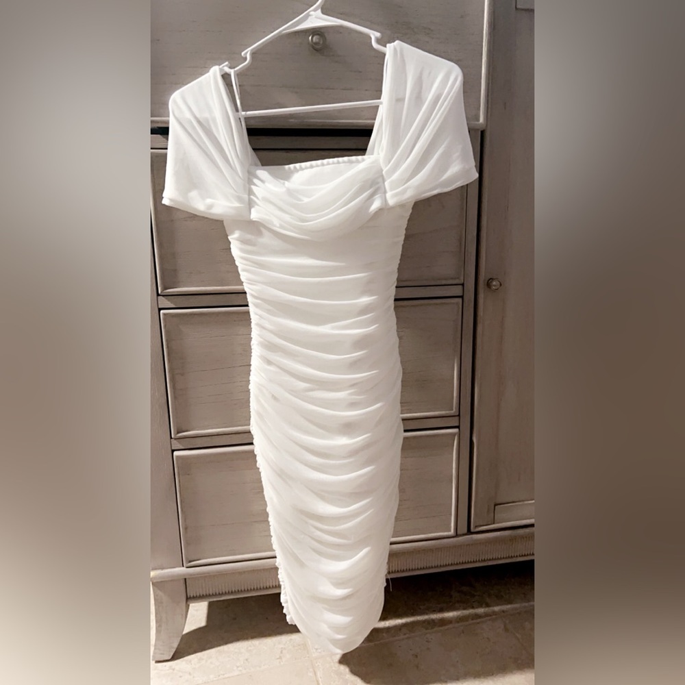 Fashion Nova ruched midi off shoulder dress